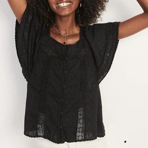 Black Flutter Sleeve Crochet Lace Top